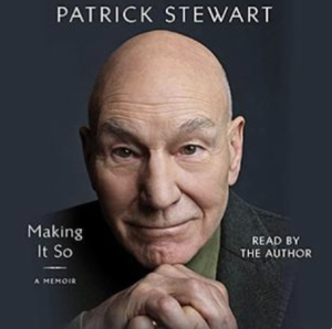 The cover of Patrick Stewart's Memoir. A photo of Patrick Stewart from the shoulders up with his chin resting on his hands which are folded.